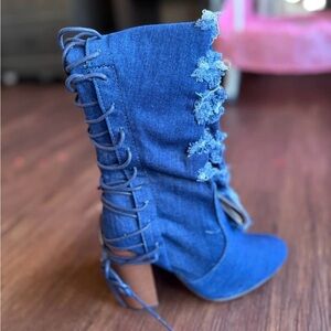 Fashion Nova Blue Denim Lace-Up Boots